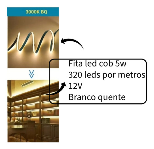 Fita Led Cob 5 Metros Branco Quente Com Fonte Alto Brilho