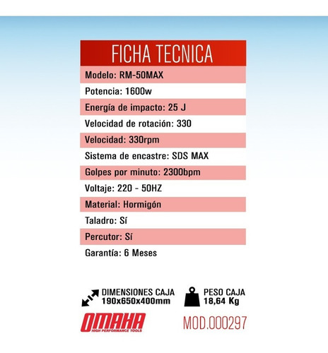 Imagen 2 de 8 de Rotomartillo Taladro Percutor 1600w 25j 50mm Omaha Rm-50 Max