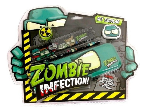 Set Escolar Zombie Infection Cartuchera Lapiz Goma - 11005 Color Verde Agua