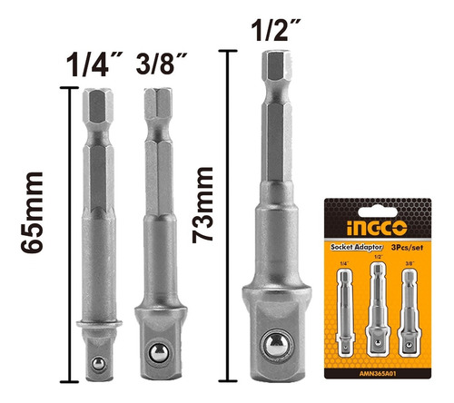 Set 3 Piezas Adaptadores Socket 1/4 3/8 1/2 Ingco Amn365a01