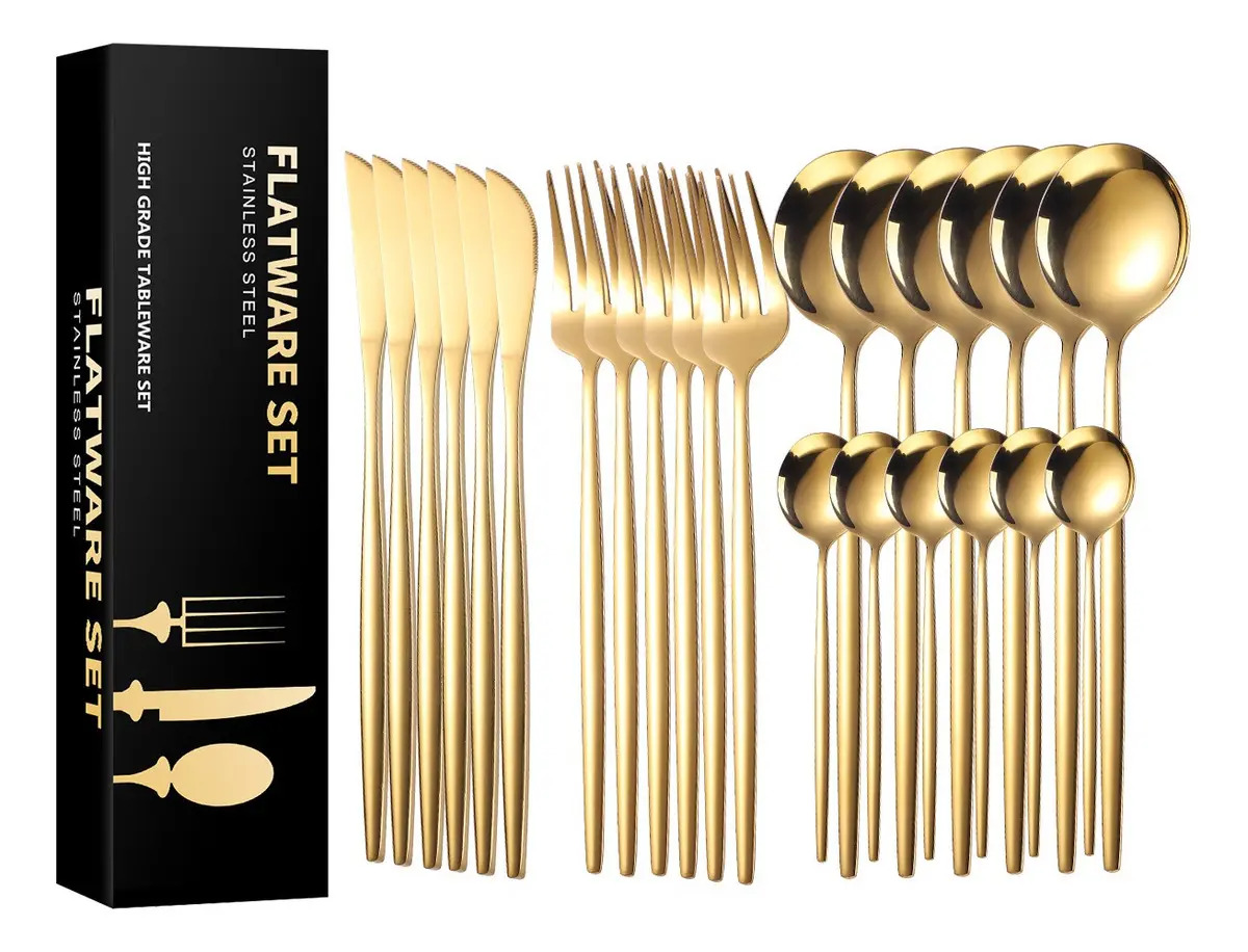 Belifou Kit Faqueiro Dourado 24 Peças Jogo De Talheres Aço Inoxidáve