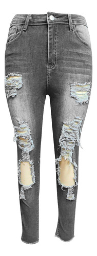 Jeans De Cintura Baja Con Agujeros De Color Liso Para Mujer,