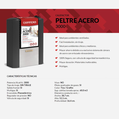 Imagen 3 de 7 de Calefactor Coppens 3000kcal Sin Tiraje Peltre Acero Multigas