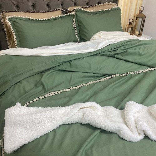 Imagen 4 de 4 de Funda Para Plumón Tipo Duvet Sencillo Borlas Verde Oliva