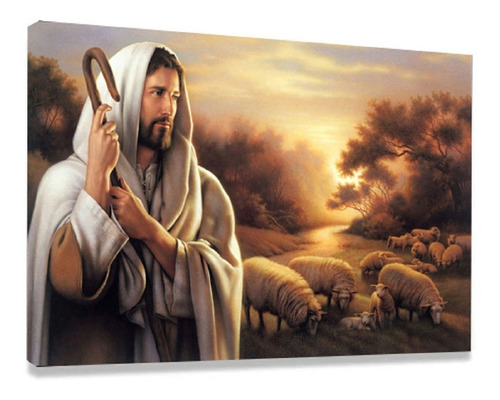 Quadro Tela Decorativo Grande Jesus Cristo Ovelhas Para Sala Cor Preto