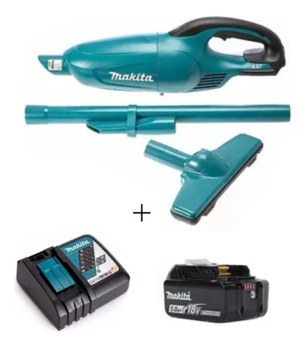 Aspirador De Pó 18v + Carregador Bivolt + Bateria 5ah Makita Cor Azul-turquesa