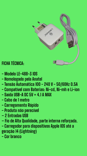 Carregador Rapido P/ iPhone C/ Cabo Lightning X 11 12 13 14