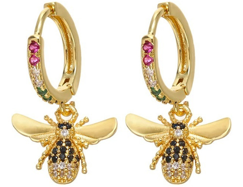 Aros Abeja Baño Oro 18k Brillo Strass Abejita Bee Circón 