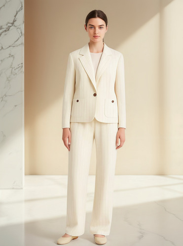 Traje Sastre Mujer Aixa Saco Y Pantalón Estilo Moderno Blanco Lino Rayado 36