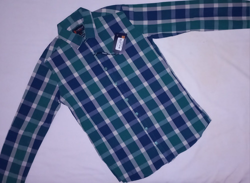 Camisa Manga Larga Casual Alquimia Verde Hueso/azul Slim Fit