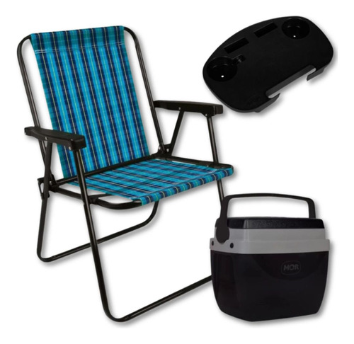 Cooler Preto 12 L + Cadeira De Praia Azul + Mesa Portátil