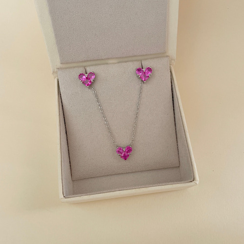 Conjunto Colar E Brinco Rosa Turmalina Com Ródio Branco