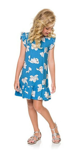 Vestido Infantil Azul Com Flores - Glinny