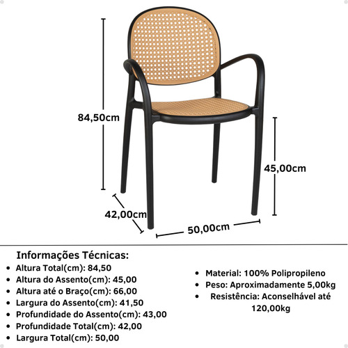 Kit 2 Cadeiras de Jantar Roma com Braço para Sala e Cozinha Magazine Decor Cor Preto