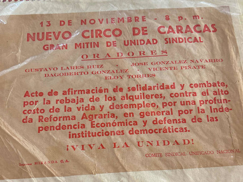 Antiguo Panfleto Comite Sindical Unificado Nacional