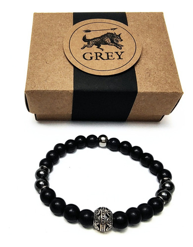 Pulsera Hombre Piedra Negra Con Hematite Y Dije Esfera