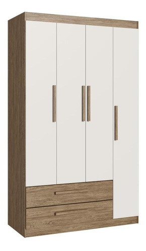 Guarda-roupa Solteiro 4 Portas Amarilis Wood/branco Rp4021 Cor Marrom e Off White