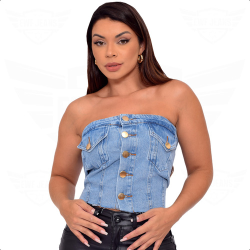 Top Blusa Cropped Jeans Tomara Que Caia Com Botões Frontal