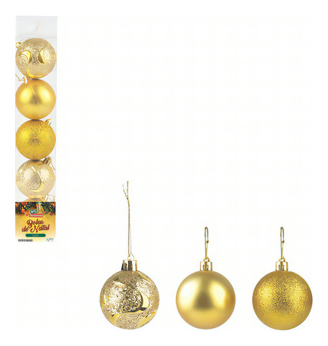 Kit 5 Bolas De Natal Dourada Enfeite Natalino Vermelho 7cm Cor Dourado/Jade