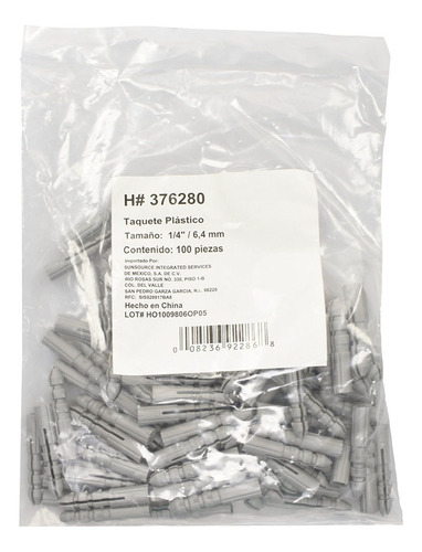 Taquete Plástico Sunsource 1/4 Gris 100 Piezas