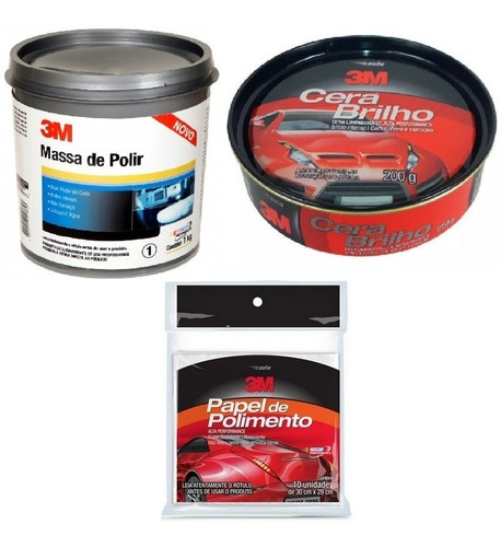 Kit Massa De Polir 1 Kg + Cera Brilho 200g + Papel  Pol. 3m