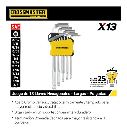 Imagen 2 de 4 de Juego Llaves Hexagonales Allen Larga Pulgadas Sae Ball Point