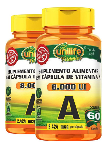 Kit 2 Vitamina A Acetato de Retinol 60 Cápsulas Unilife