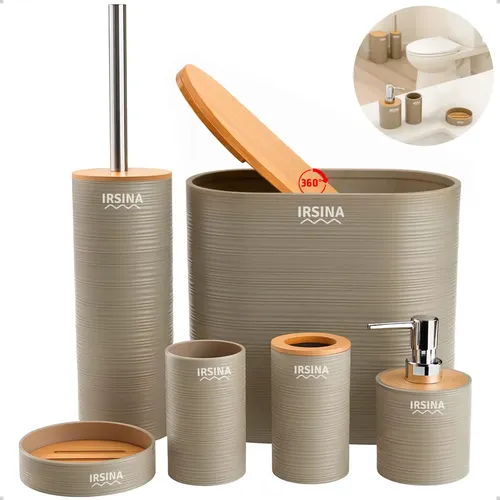 Kit Banheiro Completo Acessórios De Bambu Moderno Lixeira Com Tampa Escova Saboneteira Cor Bege Irsina