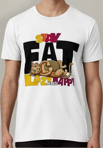 Remera Manténgase Gordo, Perezoso Y Feliz - Diseño De Gato L