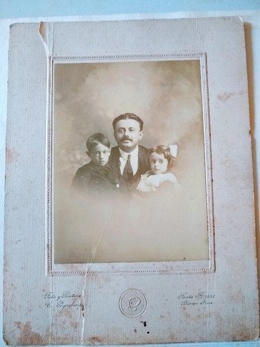 Foto Carton Duro 1900  Padre Y Su Hija E Hijo Hermosa 