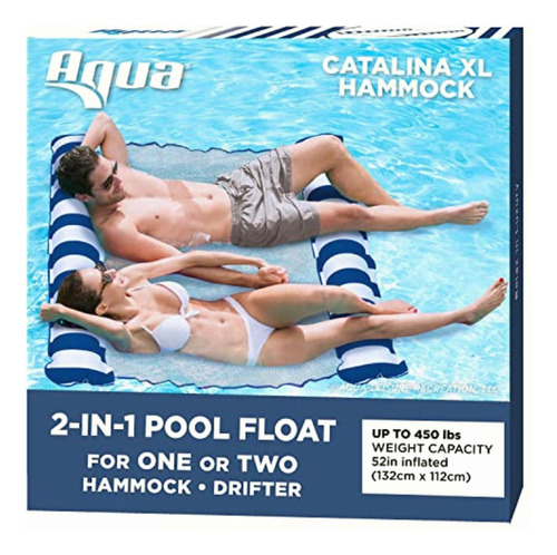 Aqua Catalina Inflatable Hammock, 2 Person Pool Float, Navy Color Rayas Azul Marino / Blanco