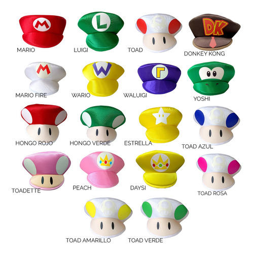 Boinas Mario Luigi Peach Disfraz Brilla Obscuridad Combo Boinas X 8 Piezas