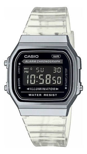 Reloj Casio A-168xes Unisex Retro Pantalla Negativa Color De La Malla Transparente Color Del Bisel Plateado Color Del Fondo Negro