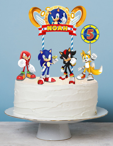 Topper Adorno Torta Feliz Cumple Sonic Anillos Personalizado Rojo Sonic