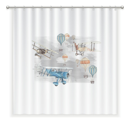 Cortina De Baño Aviones Y Globos. Ilustrada - 180x180 Cms