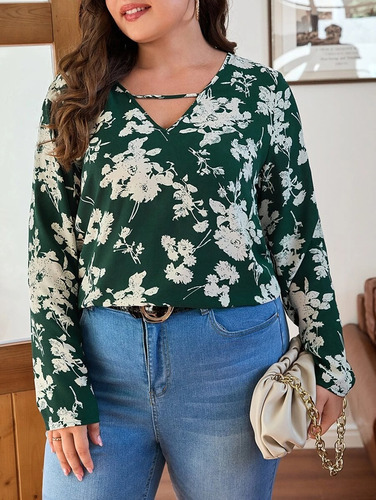 Blusa Verde Estampado Floral Beige, Tallas Extras 2xl Y  3xl