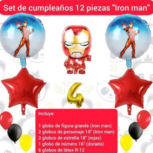 Set 12 Globos Decoración Cumpleaños Iron Man Figura Grande 