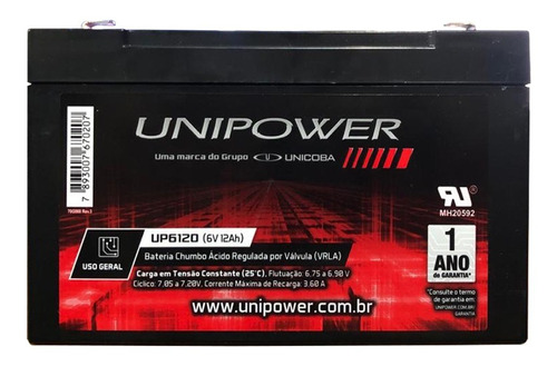 Bateria Recarregável 6v 12a Up6120 Brinquedo 12ah Unipower