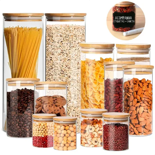 Kit 12 Potes Herméticos de Vidro com Tampa de Bambu | Organização e Estilo para sua Cozinha | Simply Home