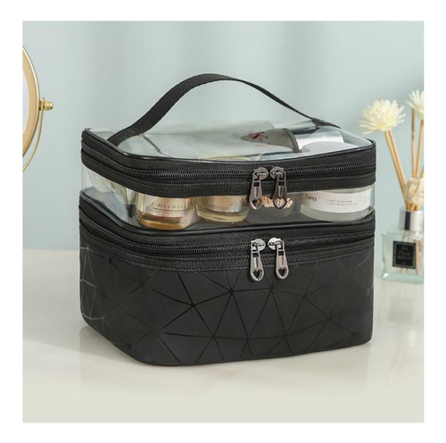 Neceser Maquillaje De Viaje De Doble Capa Cosmetiquera Bolsa Negro