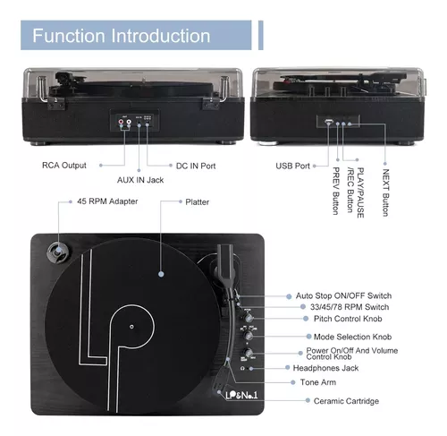 LP&No.1 Tocadiscos con altavoces estéreo, tocadiscos de 3 velocidades por  correa para discos de vinilo con reproducción inalámbrica y parada