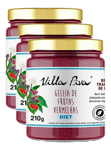Geléia diet Villa Piva frutas vermelhas em frasco sem glúten 210g pacote x 3