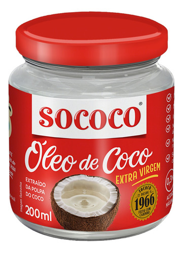 Óleo de coco virgem extra Sococo vidro sem glúten 200 ml