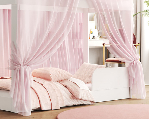 Cama Casa Infantil Crystal Montessoriana Com Voal Rosa Quarto Meninas Docel Baby Com Colchão Castelo Princesa Neloja