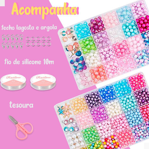 Kit Miçangas Infantil Kit P Fazer Pulseiras Joias 2 Caixas Colorido
