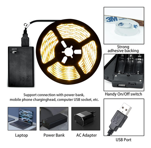 Tira De Luces Led Pilas, Autoadhesivas, Recortables, Im...