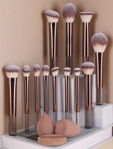 Set 15 Pzas Brochas Make Up Espojas Belleza Marrón