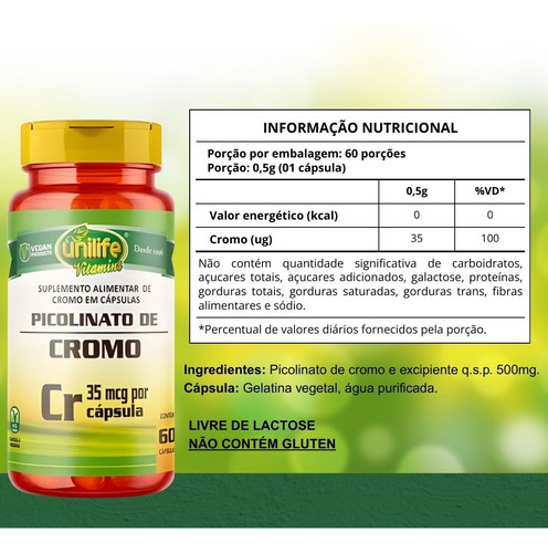 Kit C/ 5 Picolinato De Cromo 500mg 60 Vegan Caps - Unilife