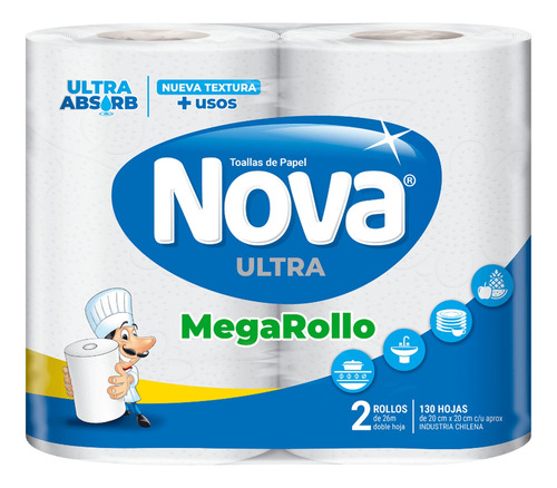 Imagen 2 de 3 de Toalla De Papel Nova Ultra Absorbente Mega Rollo 2 Un 26 Mt