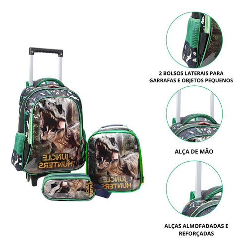 Mochila De Carrinho Escolar Dinossauro Infantil Grande Cor Verde Desenho Do Tecido Lisa